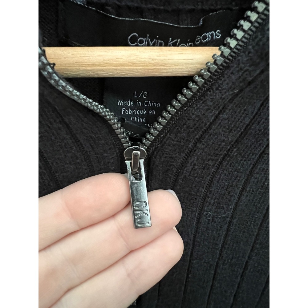 Calvin Klein Jeans Mens Black Ribbed Cotton Quarter Zip Sweater Large CKJ Logo - Picture 4 of 8